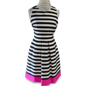 RED Saks Fifth Ave Sleeveless Black White Striped Mini Dress Pink Lower Panel 2
